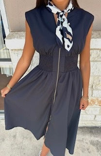 Black Sleeveless Cinched Waist Front Zip Dress