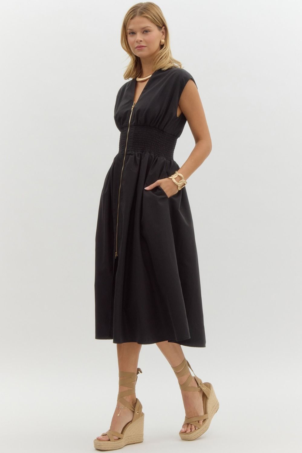 Black Sleeveless Cinched Waist Front Zip Dress
