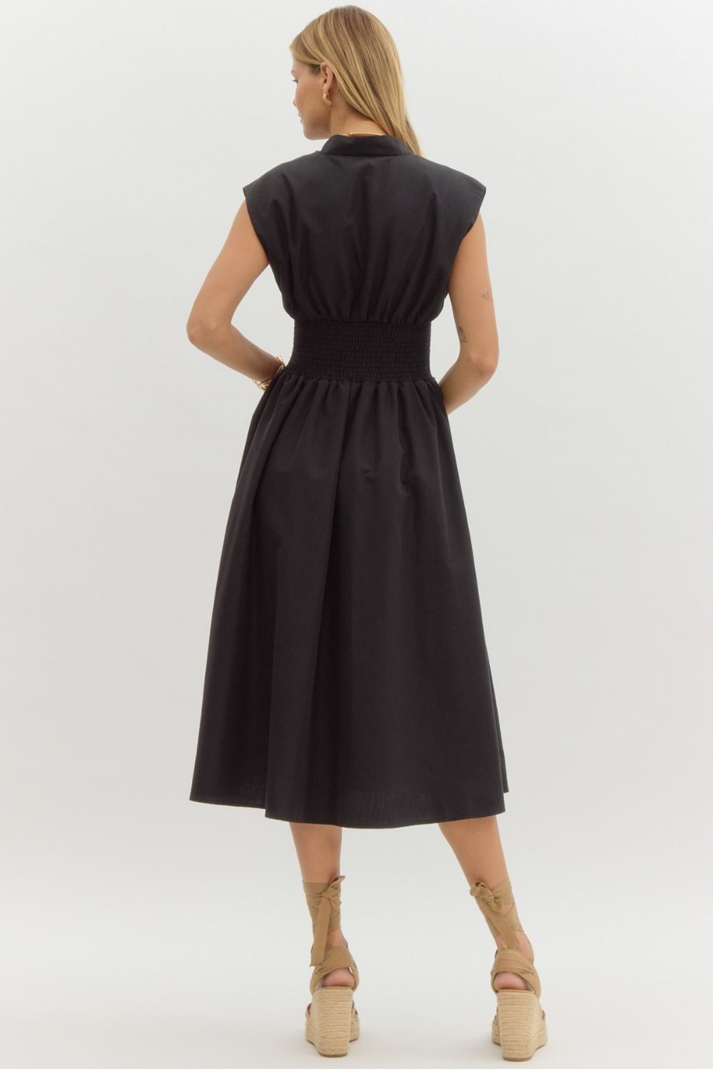 Black Sleeveless Cinched Waist Front Zip Dress