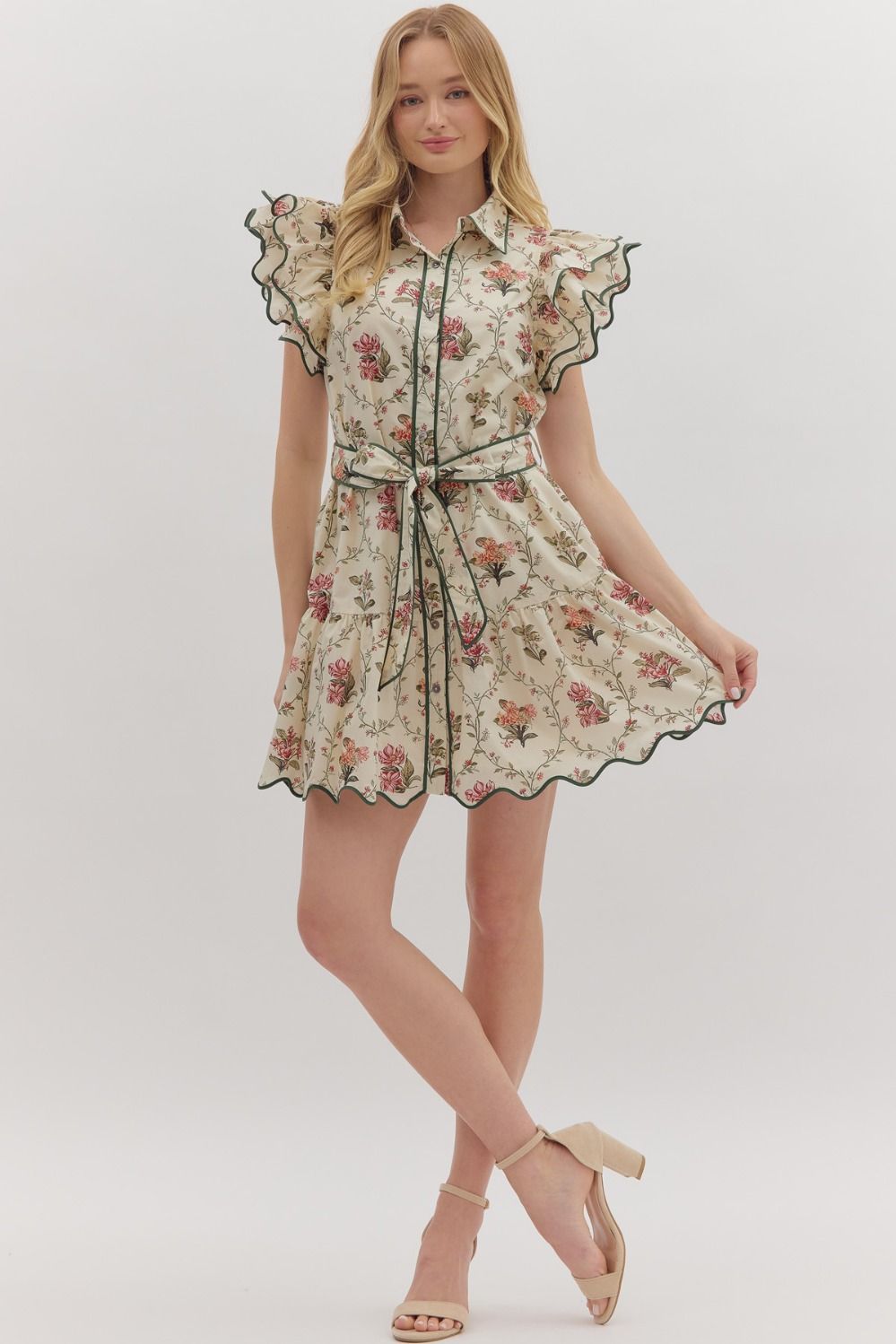 Ecru Floral Print Belted Dress
