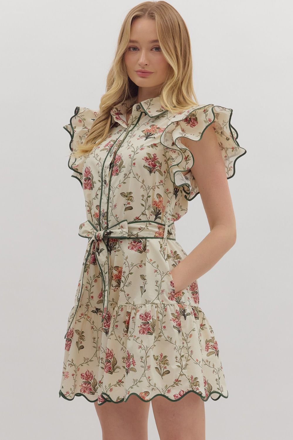 Ecru Floral Print Belted Dress
