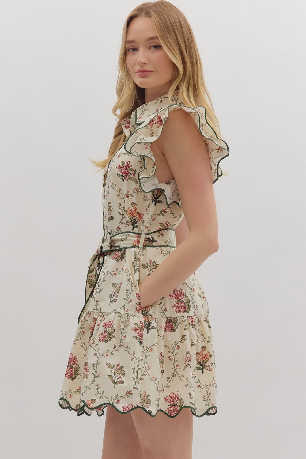 Ecru Floral Print Belted Dress