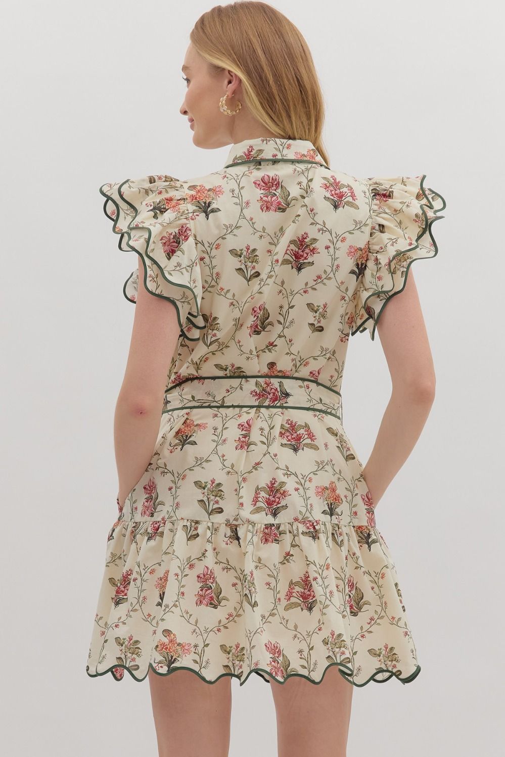 Ecru Floral Print Belted Dress