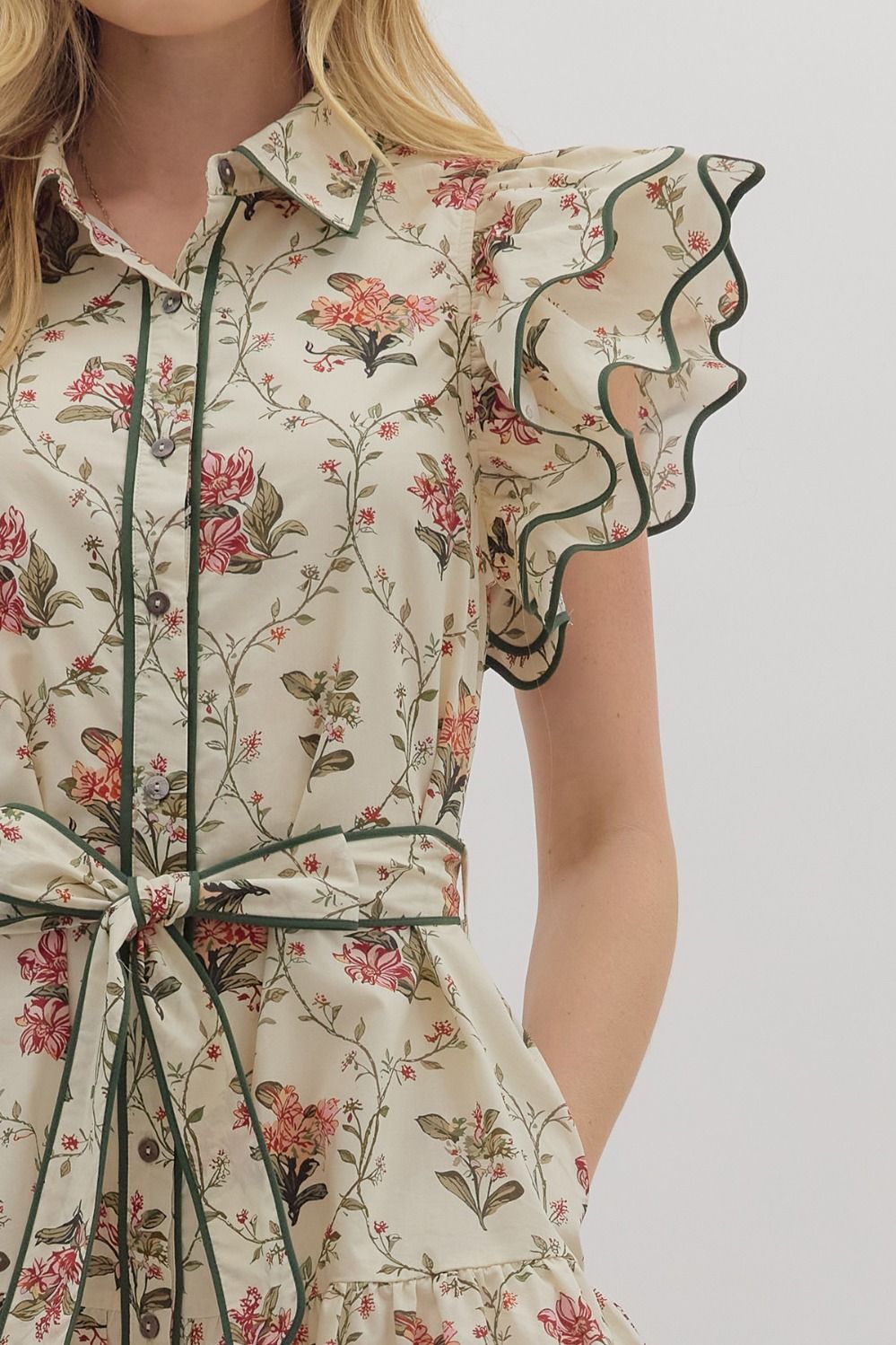 Ecru Floral Print Belted Dress