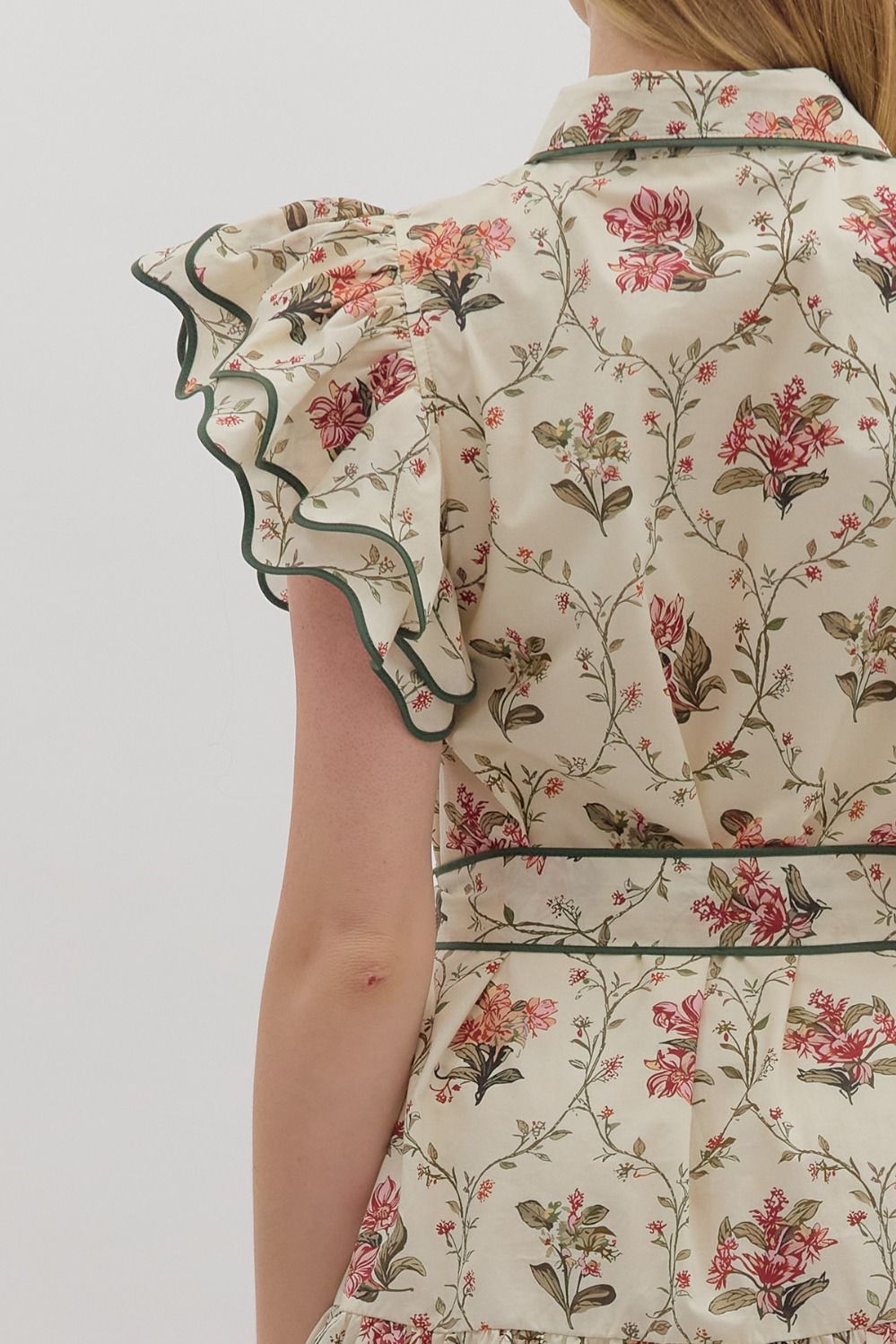 Ecru Floral Print Belted Dress