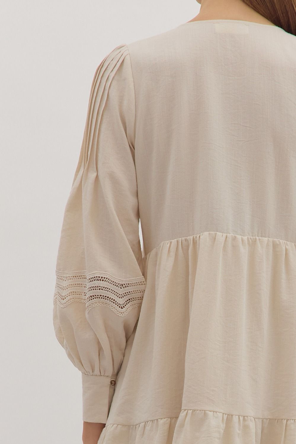 Ecru Solid Long Sleeve Boho Mini Dress