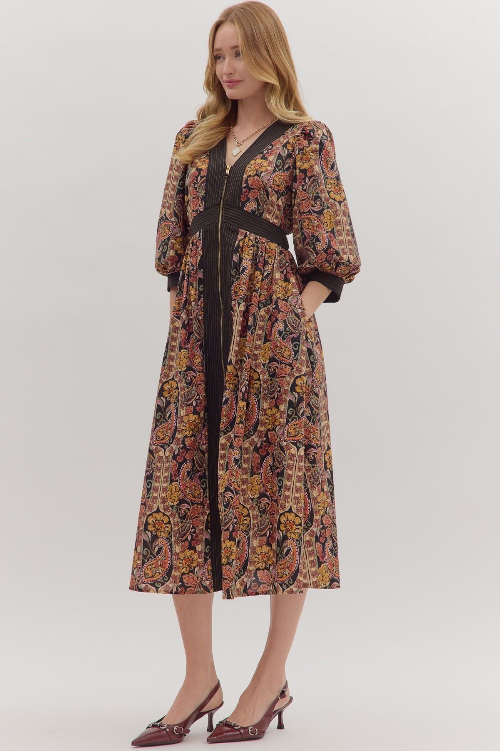 Black Print Fitted Midi Dress