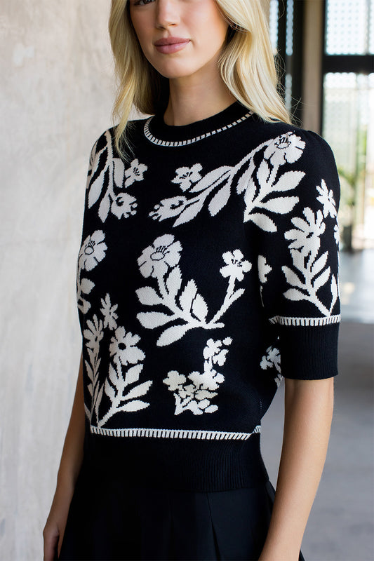 Black & White Floral Knit Sweater