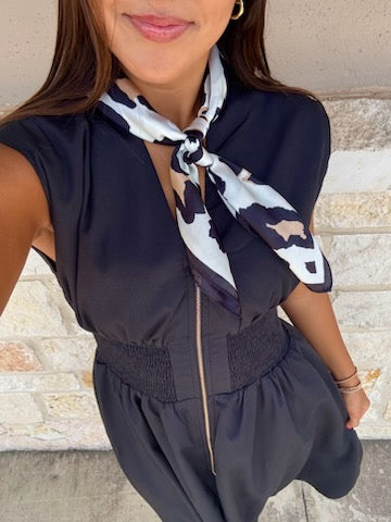 Black Sleeveless Cinched Waist Front Zip Dress