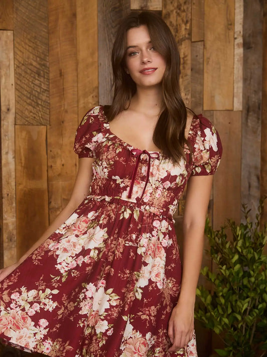 Burgundy Floral Mini A-Line Dress