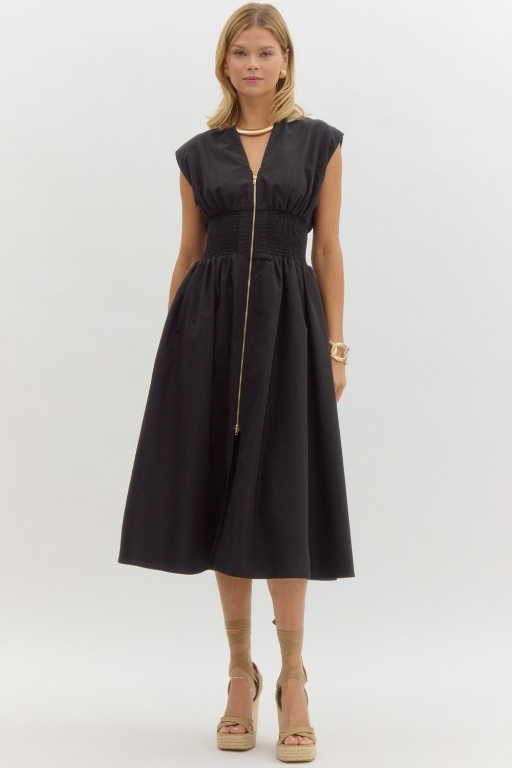 Black Sleeveless Cinched Waist Front Zip Dress