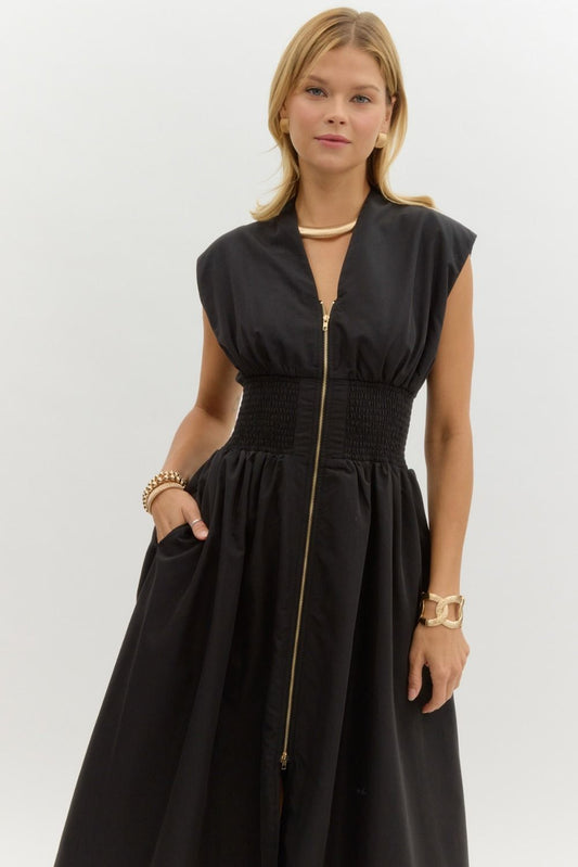 Black Sleeveless Cinched Waist Front Zip Dress