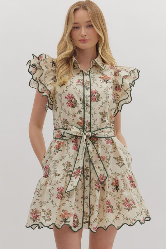 Ecru Floral Print Belted Dress