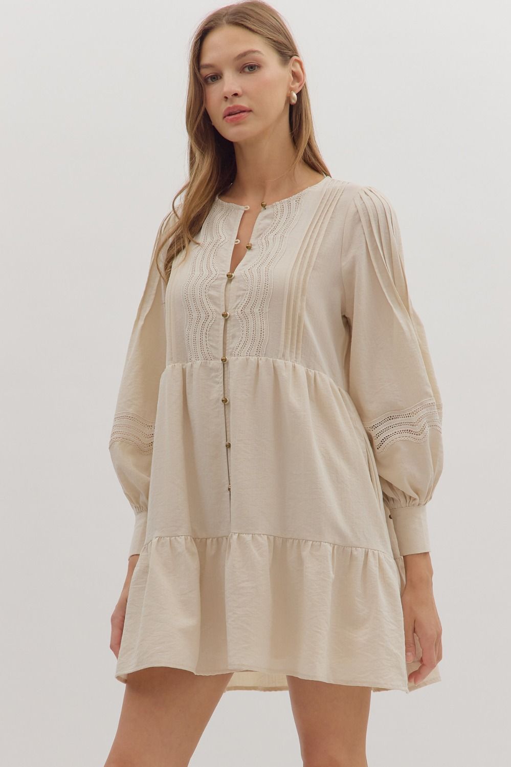 Ecru Solid Long Sleeve Boho Mini Dress