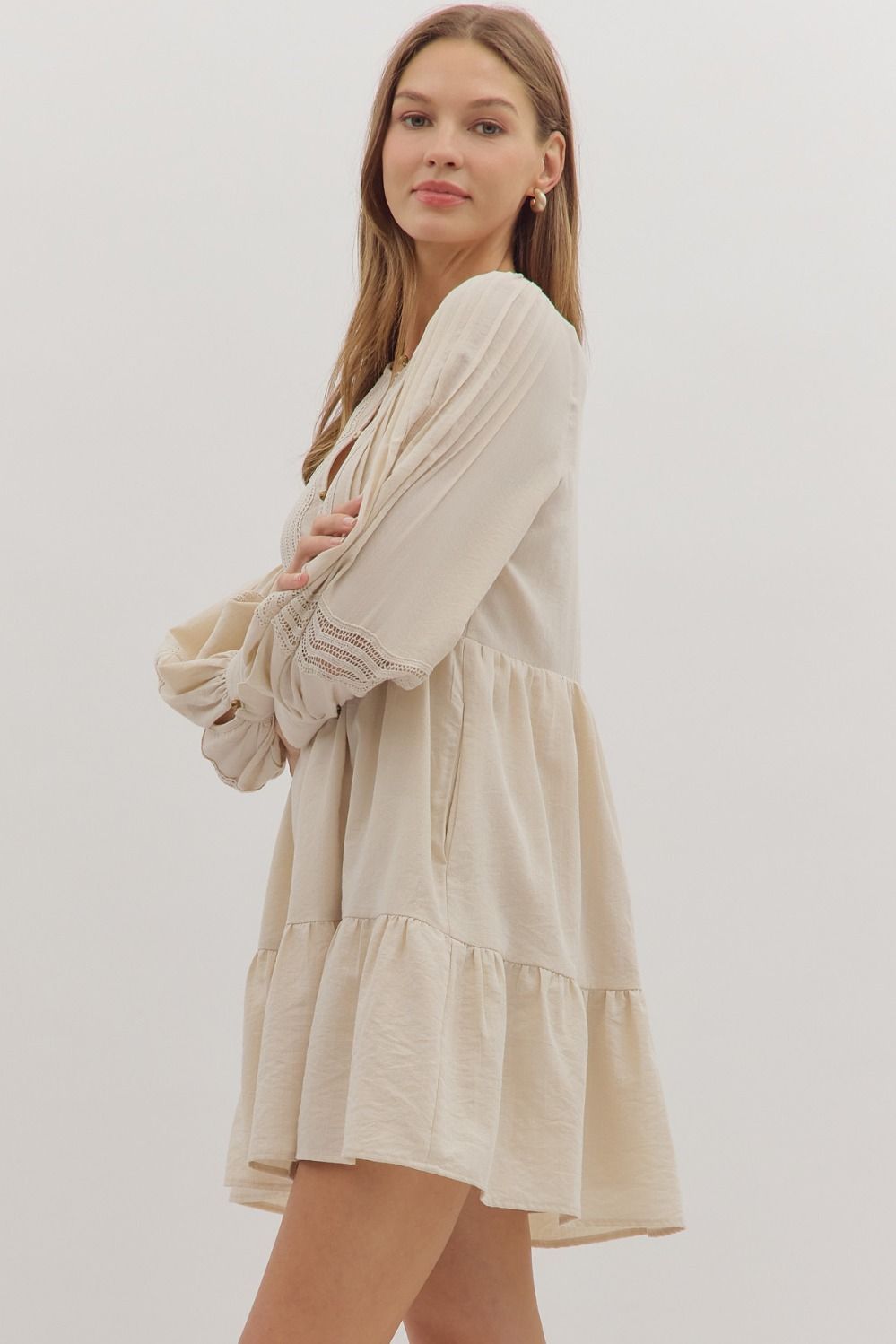 Ecru Solid Long Sleeve Boho Mini Dress