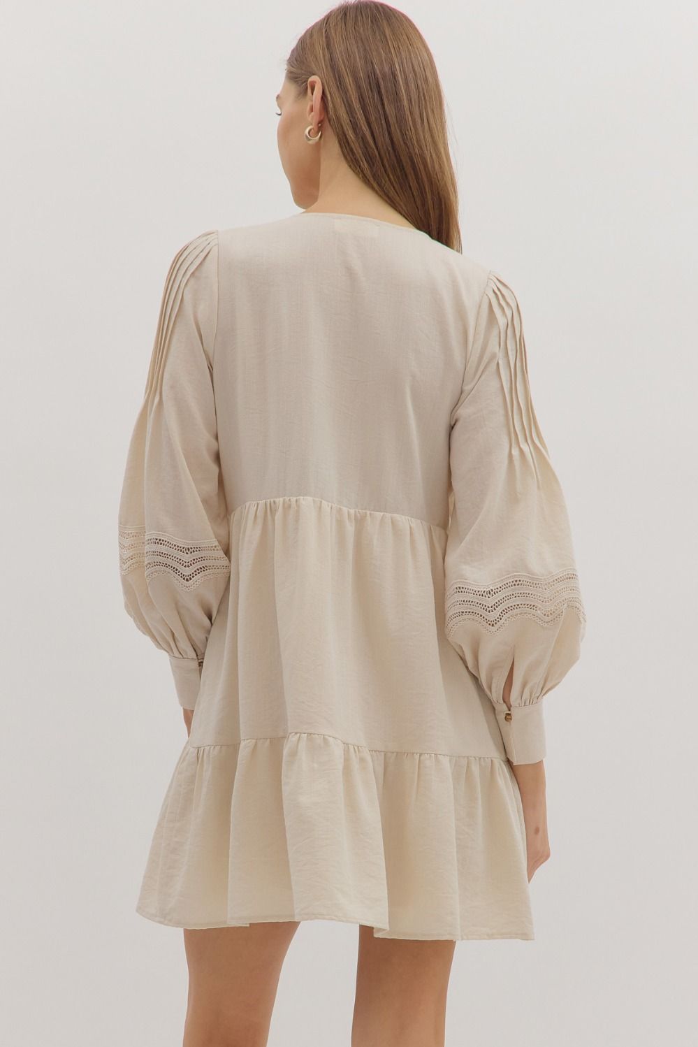 Ecru Solid Long Sleeve Boho Mini Dress