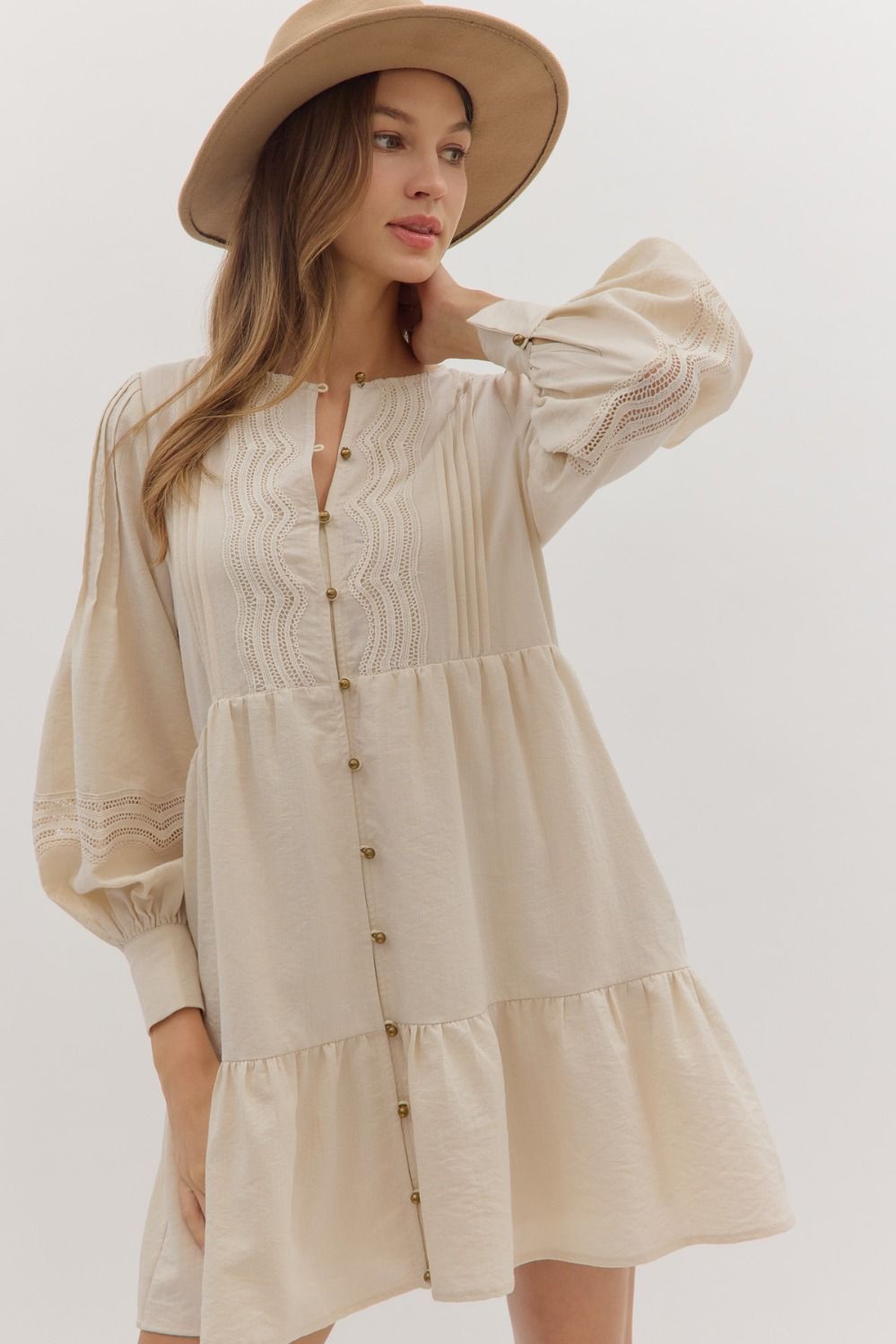 Ecru Solid Long Sleeve Boho Mini Dress
