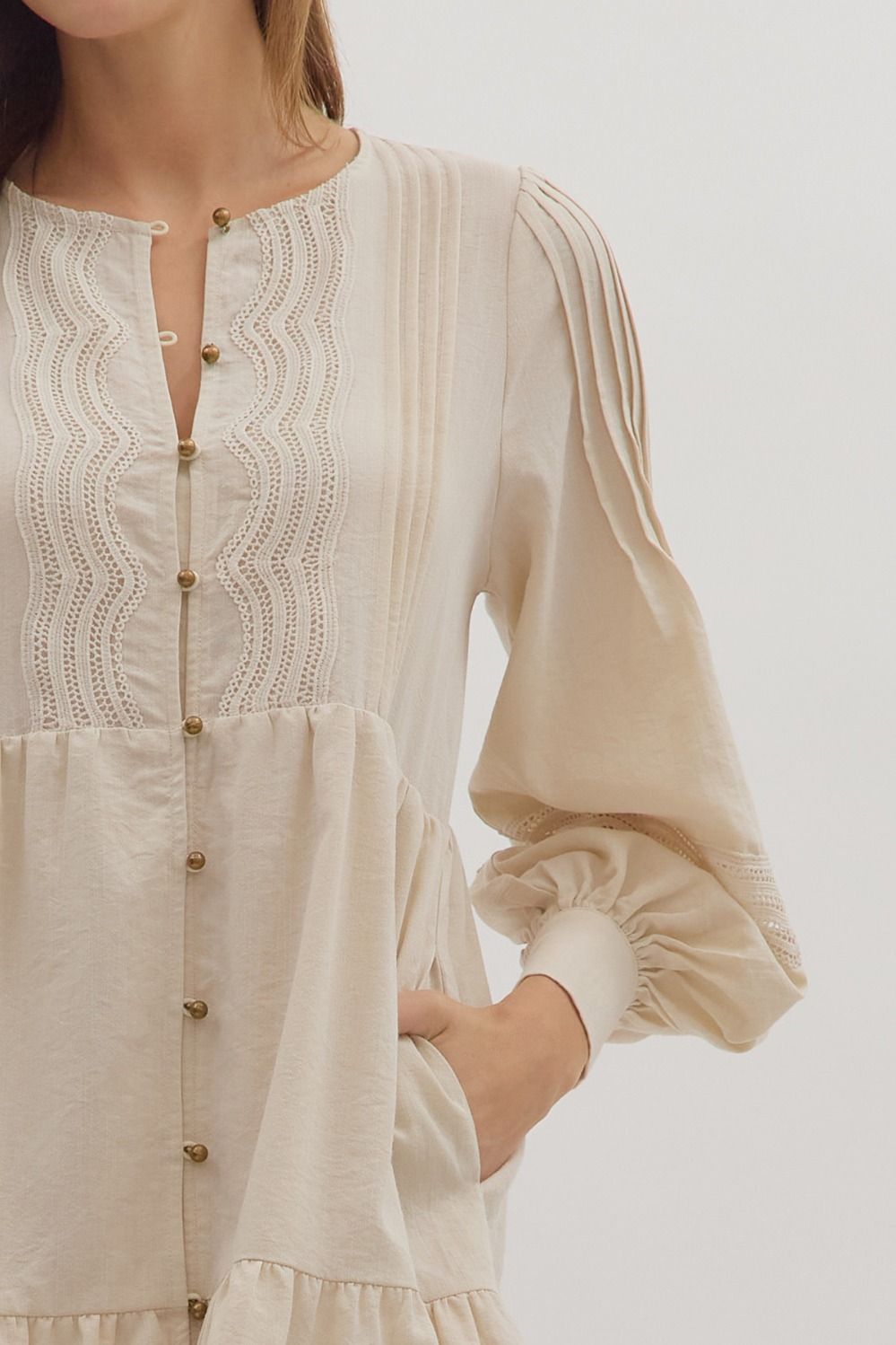 Ecru Solid Long Sleeve Boho Mini Dress