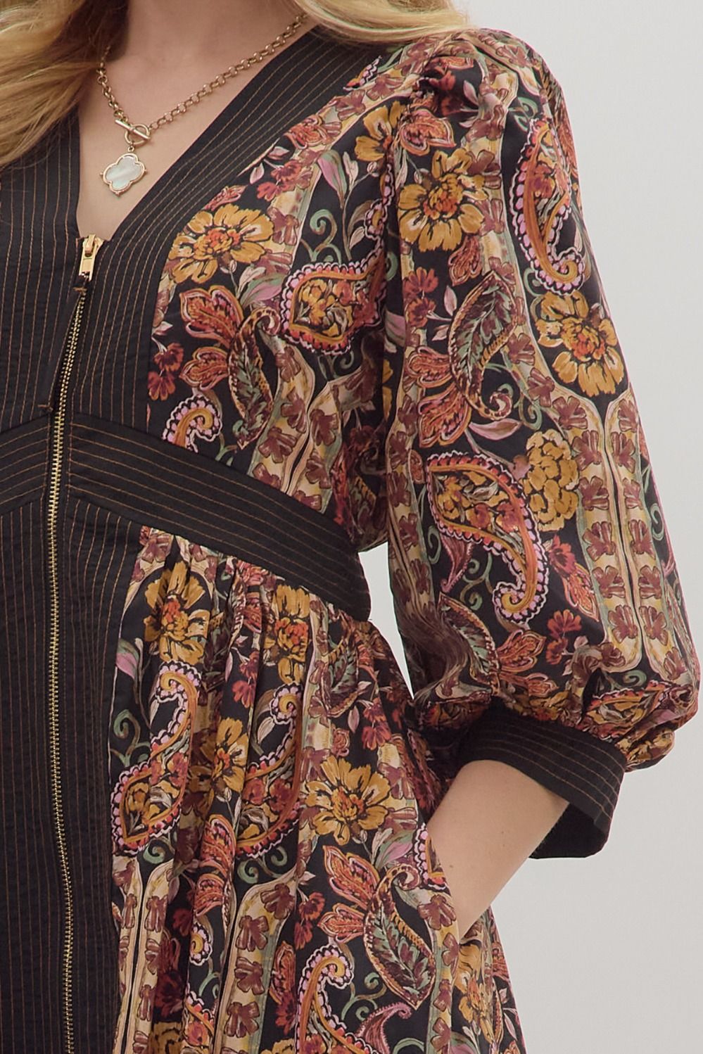 Black Print Fitted Midi Dress